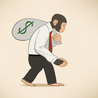 Picture of a monkey dressed in a shirt and tie carrying a bag of money